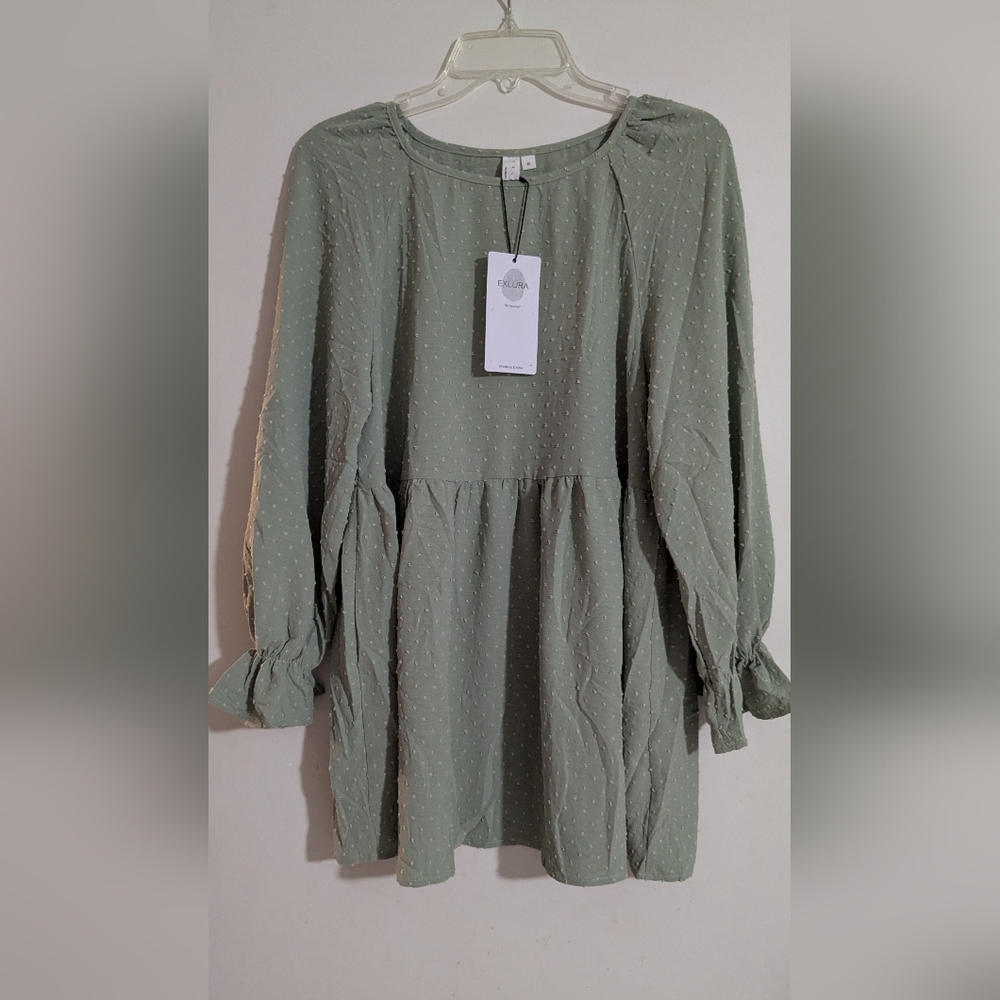 NWT EXLURA Womens Medium Long Sleeve Loose Blouses Swiss Dot Babydoll Shirt